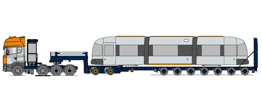 Semi-low loader for rail vehicles with axle modul and hydraulic ramp, multiple telescopic